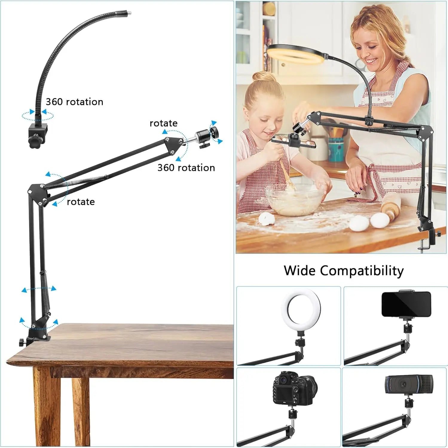 Ring Light with Stand and Phone Holder USB Ring Light with Clamp Overhead Camera Selfie Flexible Desk Tripod for Photography