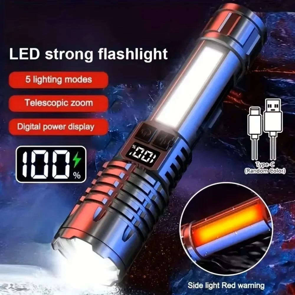 High Power Rechargeable LED Flashlight with Side Light, Torch Light for Outdoor Camping, Hiking Light High Light Flash Light