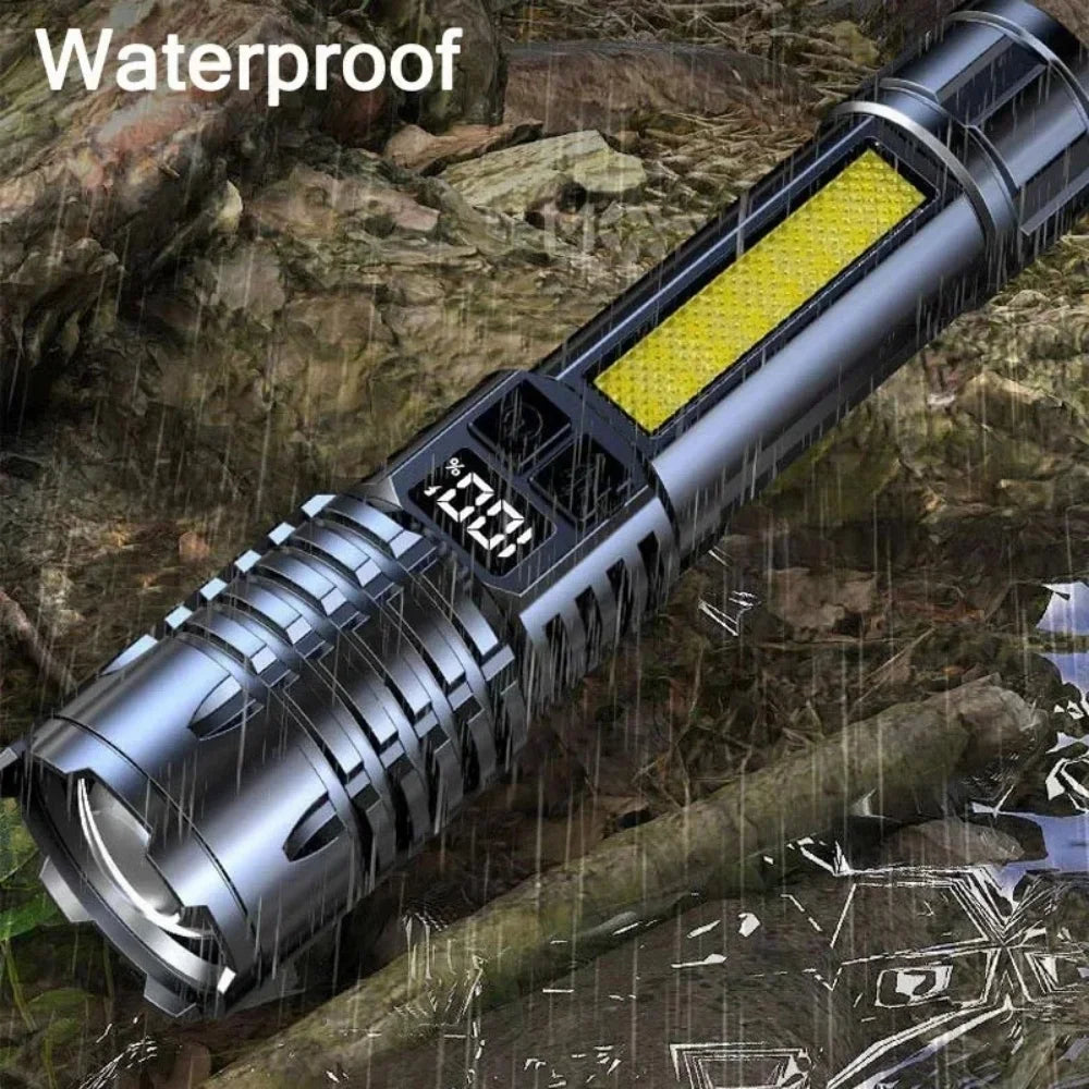 High Power Rechargeable LED Flashlight with Side Light, Torch Light for Outdoor Camping, Hiking Light High Light Flash Light