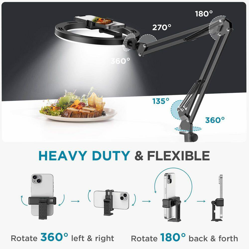 Overhead Phone Mount with Ring Light, 10 In. LED Selfie Ring Light for Desk W/ Phone Holder and Remote Canvas Lamp Light