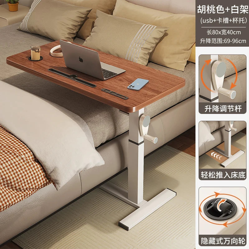 Adjustable Bedside Desk Hand Crank Lift Mobile Workstation with Study Table for Sofa/Office Space-Saving Writing Desk for Laptop