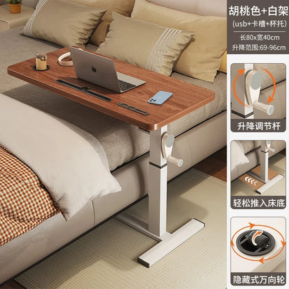 Adjustable Bedside Desk Hand Crank Lift Mobile Workstation with Study Table for Sofa/Office Space-Saving Writing Desk for Laptop