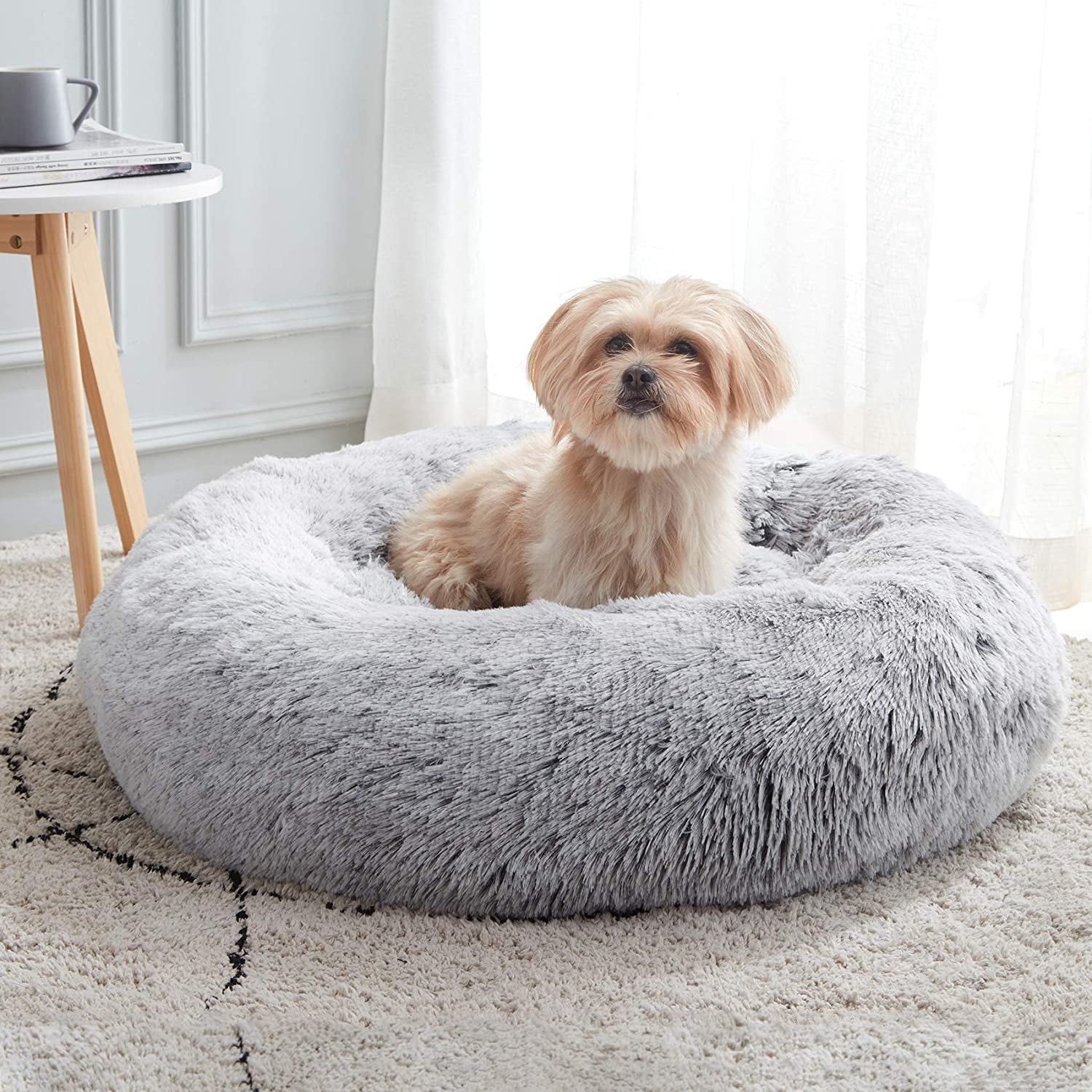 Calming Soft round Dog &Cat Bed Small Dog Bed Washable,20" | Fluffy Faux Fur Cuddler,Anti-Anxiety,Anti-Slip Bottom,Self-Warming Bed for Small Dog&Kitten&Puppy,Up to 12 LBS Light Grey