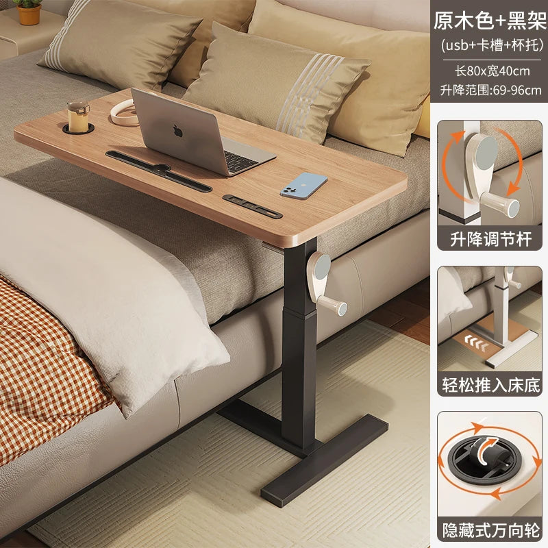 Adjustable Bedside Desk Hand Crank Lift Mobile Workstation with Study Table for Sofa/Office Space-Saving Writing Desk for Laptop
