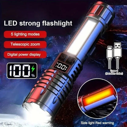 High Power Rechargeable LED Flashlight with Side Light, Torch Light for Outdoor Camping, Hiking Light High Light Flash Light