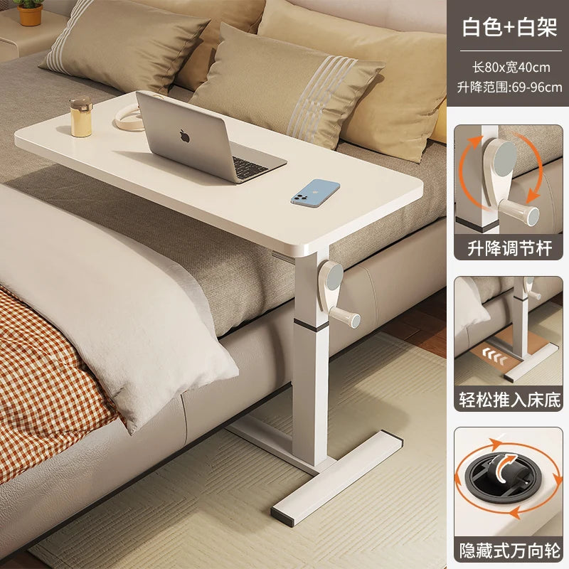Adjustable Bedside Desk Hand Crank Lift Mobile Workstation with Study Table for Sofa/Office Space-Saving Writing Desk for Laptop