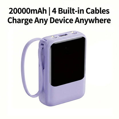 20000Mah Built-In 4 Cables Portable Power Bank LED Digital Display Dual USB Output External Battery Pack with LED Flashlight Lanyard Portable Charger for Iphone Android