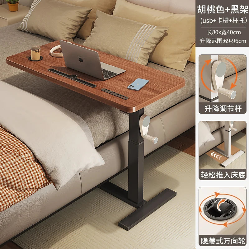Adjustable Bedside Desk Hand Crank Lift Mobile Workstation with Study Table for Sofa/Office Space-Saving Writing Desk for Laptop