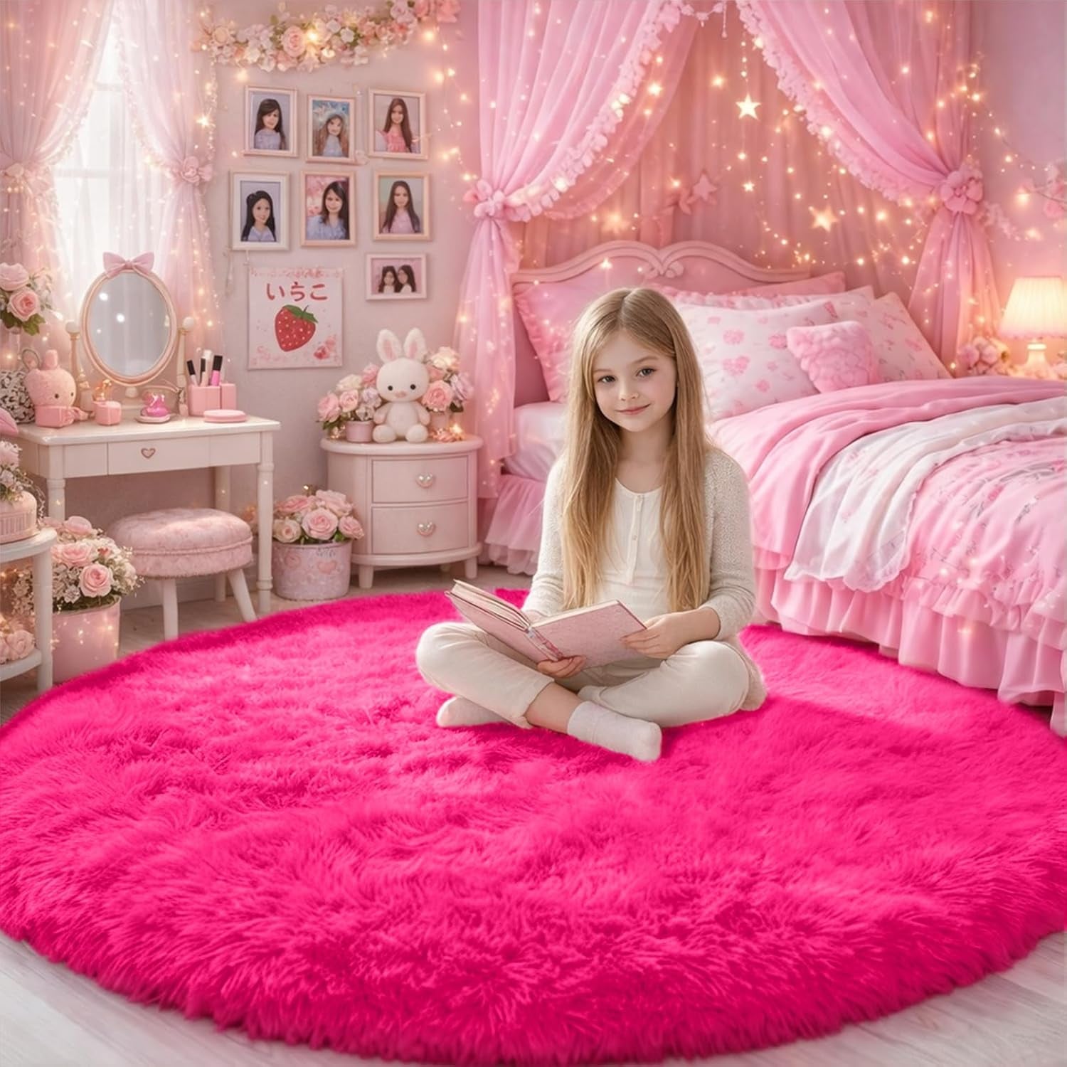 Hot Pink Plush round Circle Rug 5Ft for Girls Bedroom Playroom | Fluffy Shaggy Fuzzy Kids Carpet, Nursery Dorm Classroom Decor, Cutecore Kidcore Aesthetic, Fuschia Magenta Color, Circular