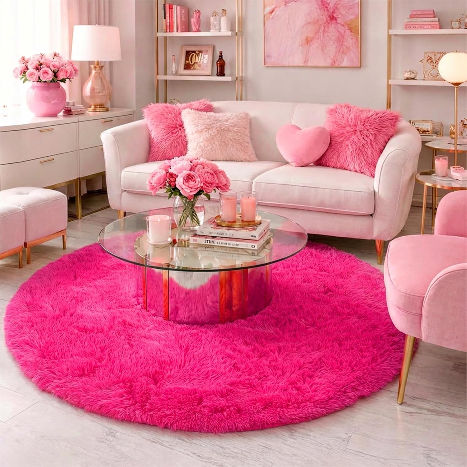 Hot Pink Plush round Circle Rug 5Ft for Girls Bedroom Playroom | Fluffy Shaggy Fuzzy Kids Carpet, Nursery Dorm Classroom Decor, Cutecore Kidcore Aesthetic, Fuschia Magenta Color, Circular