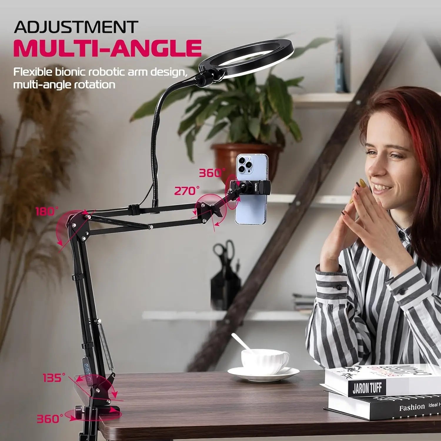Ring Light with Stand and Phone Holder USB Ring Light with Clamp Overhead Camera Selfie Flexible Desk Tripod for Photography