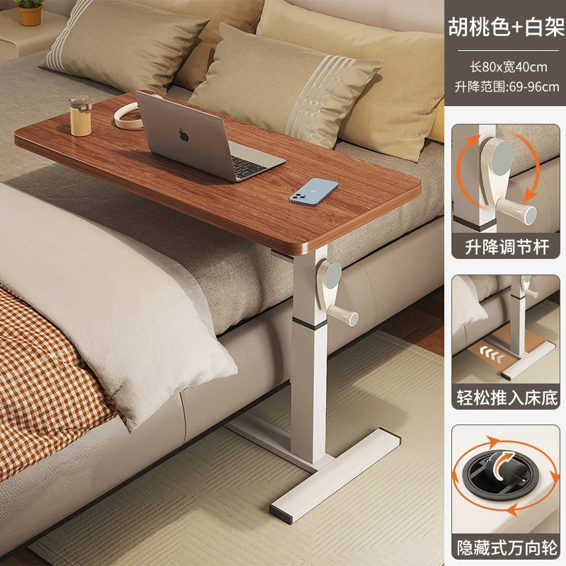 Adjustable Bedside Desk Hand Crank Lift Mobile Workstation with Study Table for Sofa/Office Space-Saving Writing Desk for Laptop