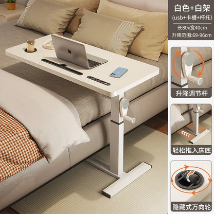 Adjustable Bedside Desk Hand Crank Lift Mobile Workstation with Study Table for Sofa/Office Space-Saving Writing Desk for Laptop