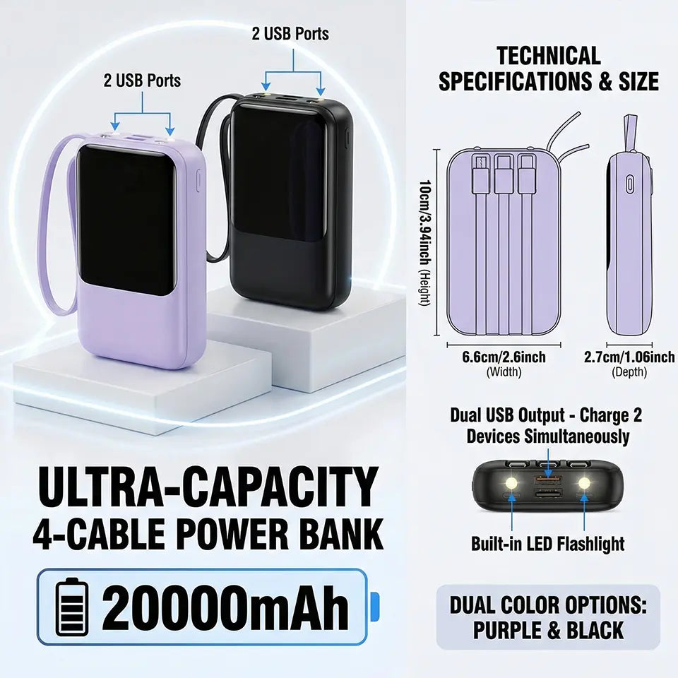 20000Mah Built-In 4 Cables Portable Power Bank LED Digital Display Dual USB Output External Battery Pack with LED Flashlight Lanyard Portable Charger for Iphone Android