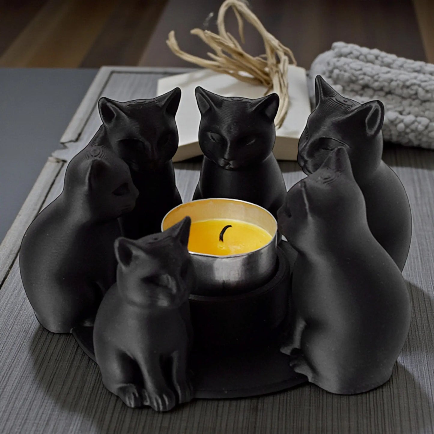 3D Printed Easter Cat Candle Holder | Matte Black Table Decor