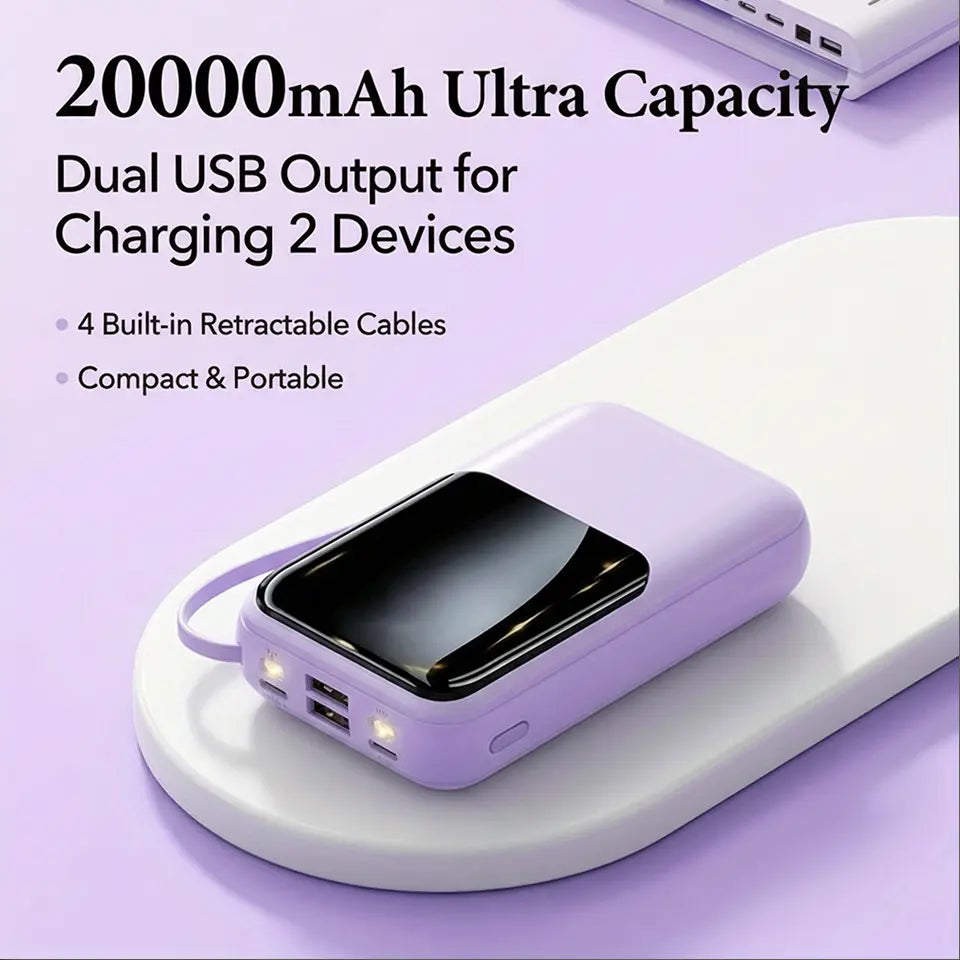 20000Mah Built-In 4 Cables Portable Power Bank LED Digital Display Dual USB Output External Battery Pack with LED Flashlight Lanyard Portable Charger for Iphone Android
