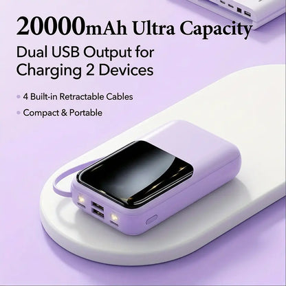 20000Mah Built-In 4 Cables Portable Power Bank LED Digital Display Dual USB Output External Battery Pack with LED Flashlight Lanyard Portable Charger for Iphone Android