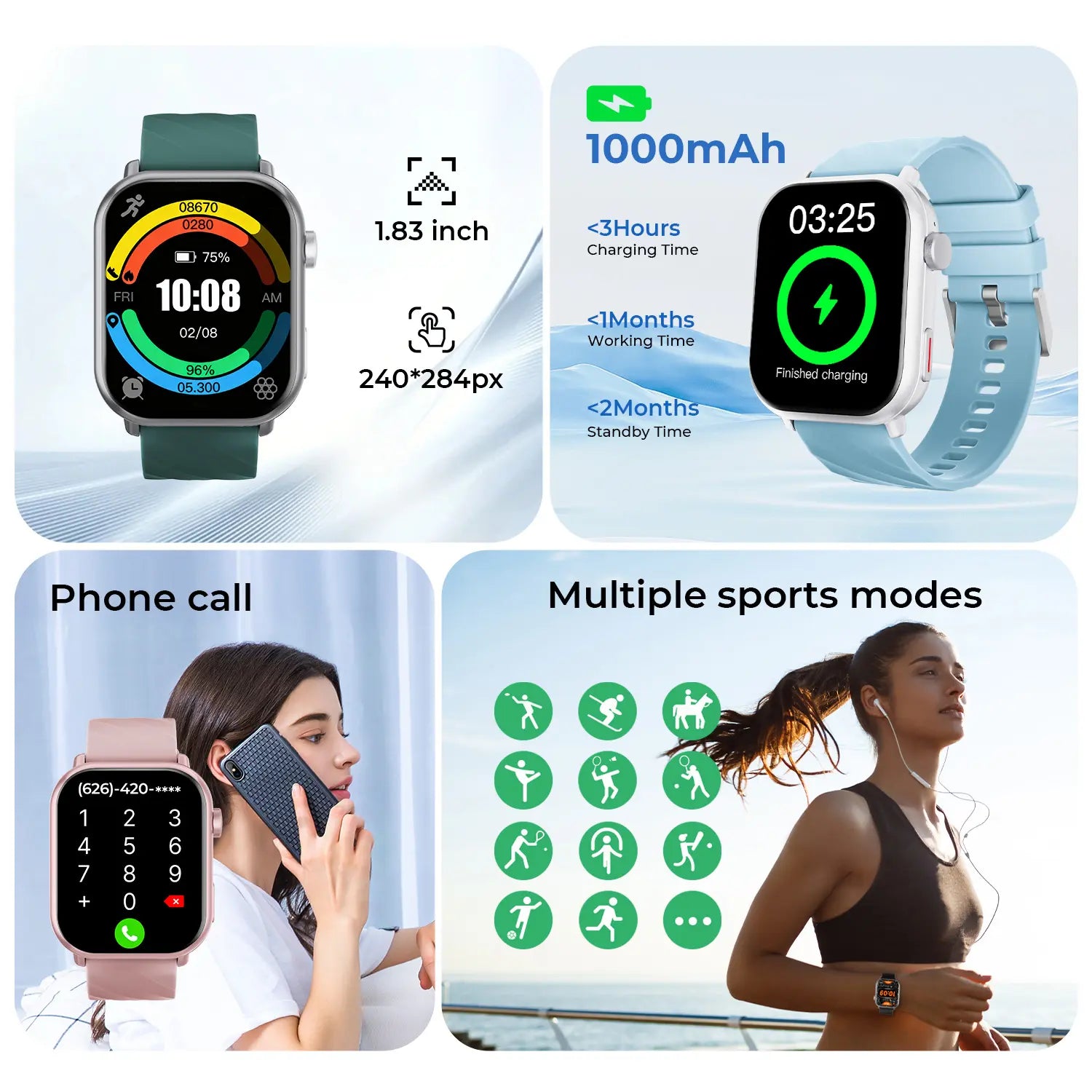 1.83-Inch Smartwatch for Men and Women，1000Mah High-Capacity Battery for Extended Standby，Wireless Calling & Message Alerts, Voice Assistant，Fitness Tracker with 100+ Sports Modes，Multifunctional Sport Smart Watch. #Summervibes