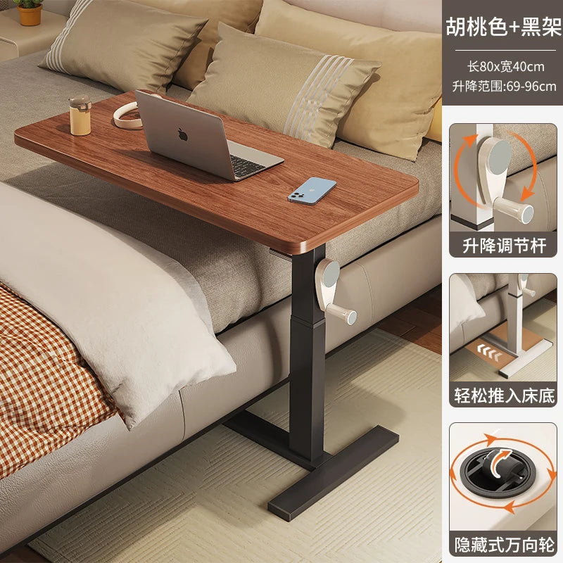 Adjustable Bedside Desk Hand Crank Lift Mobile Workstation with Study Table for Sofa/Office Space-Saving Writing Desk for Laptop
