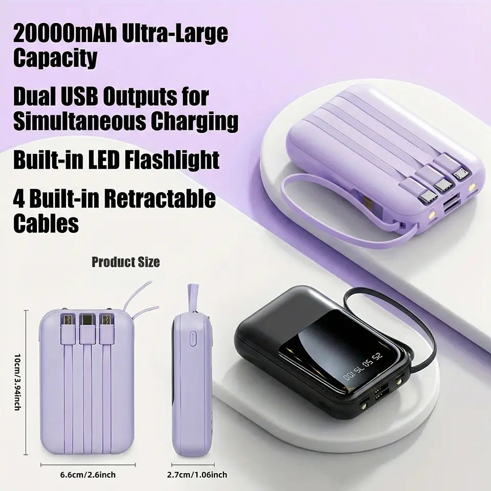 20000Mah Built-In 4 Cables Portable Power Bank LED Digital Display Dual USB Output External Battery Pack with LED Flashlight Lanyard Portable Charger for Iphone Android