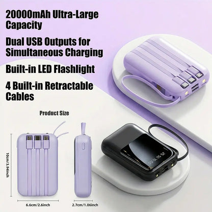 20000Mah Built-In 4 Cables Portable Power Bank LED Digital Display Dual USB Output External Battery Pack with LED Flashlight Lanyard Portable Charger for Iphone Android
