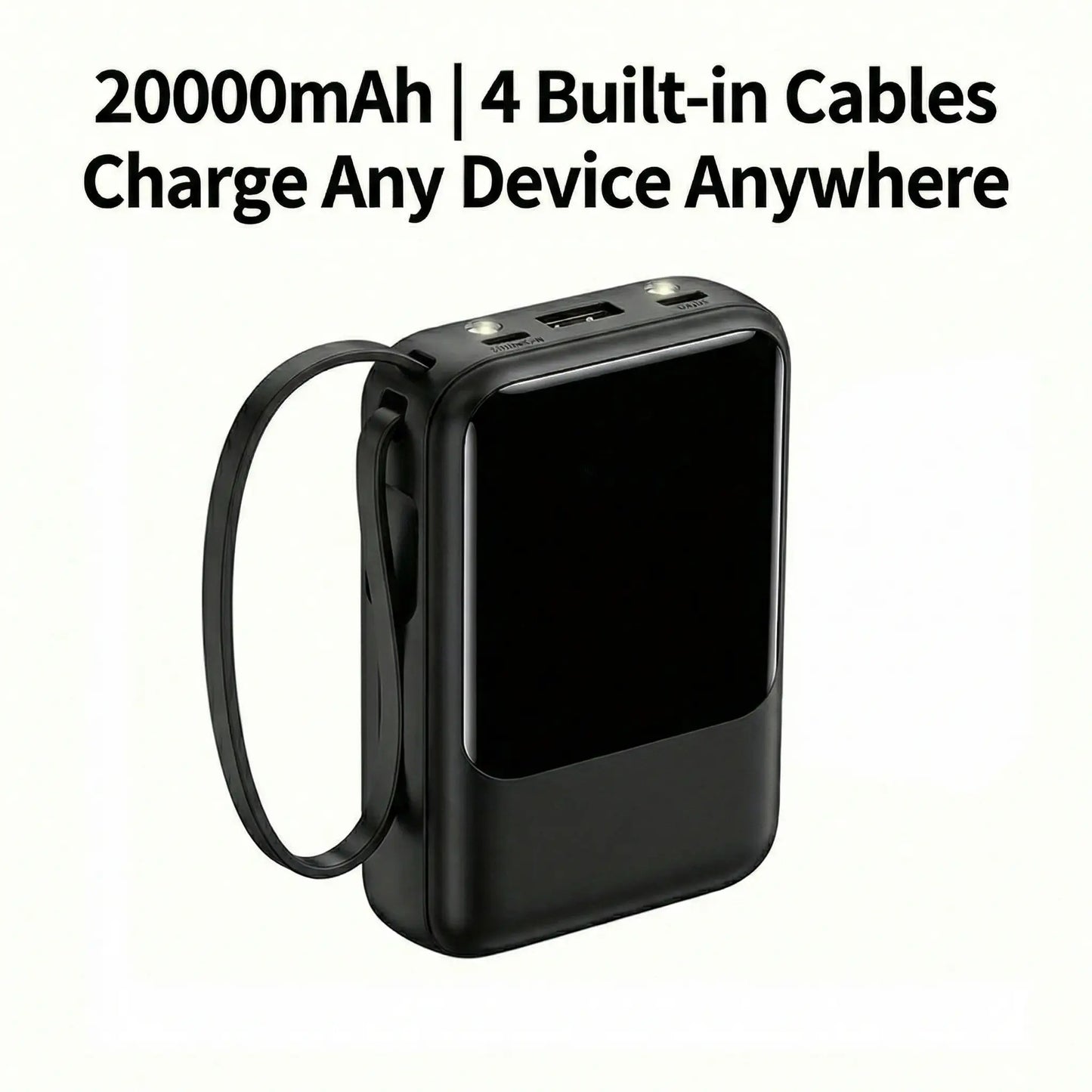 20000Mah Built-In 4 Cables Portable Power Bank LED Digital Display Dual USB Output External Battery Pack with LED Flashlight Lanyard Portable Charger for Iphone Android