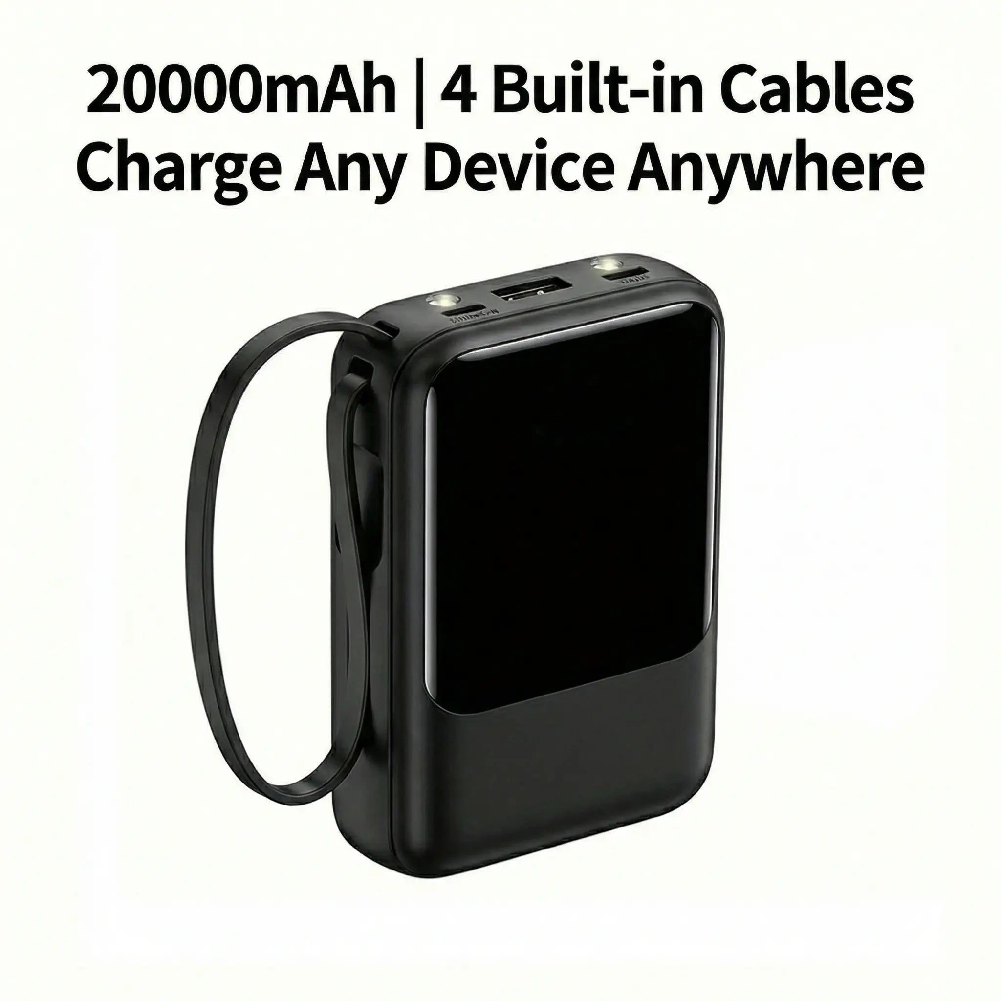 20000Mah Built-In 4 Cables Portable Power Bank LED Digital Display Dual USB Output External Battery Pack with LED Flashlight Lanyard Portable Charger for Iphone Android