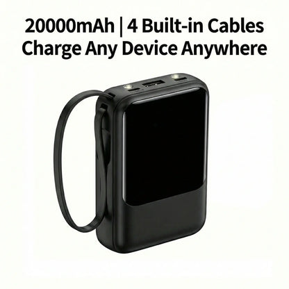 20000Mah Built-In 4 Cables Portable Power Bank LED Digital Display Dual USB Output External Battery Pack with LED Flashlight Lanyard Portable Charger for Iphone Android