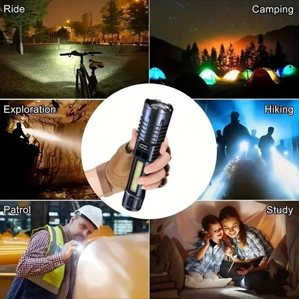 High Power Rechargeable LED Flashlight with Side Light, Torch Light for Outdoor Camping, Hiking Light High Light Flash Light