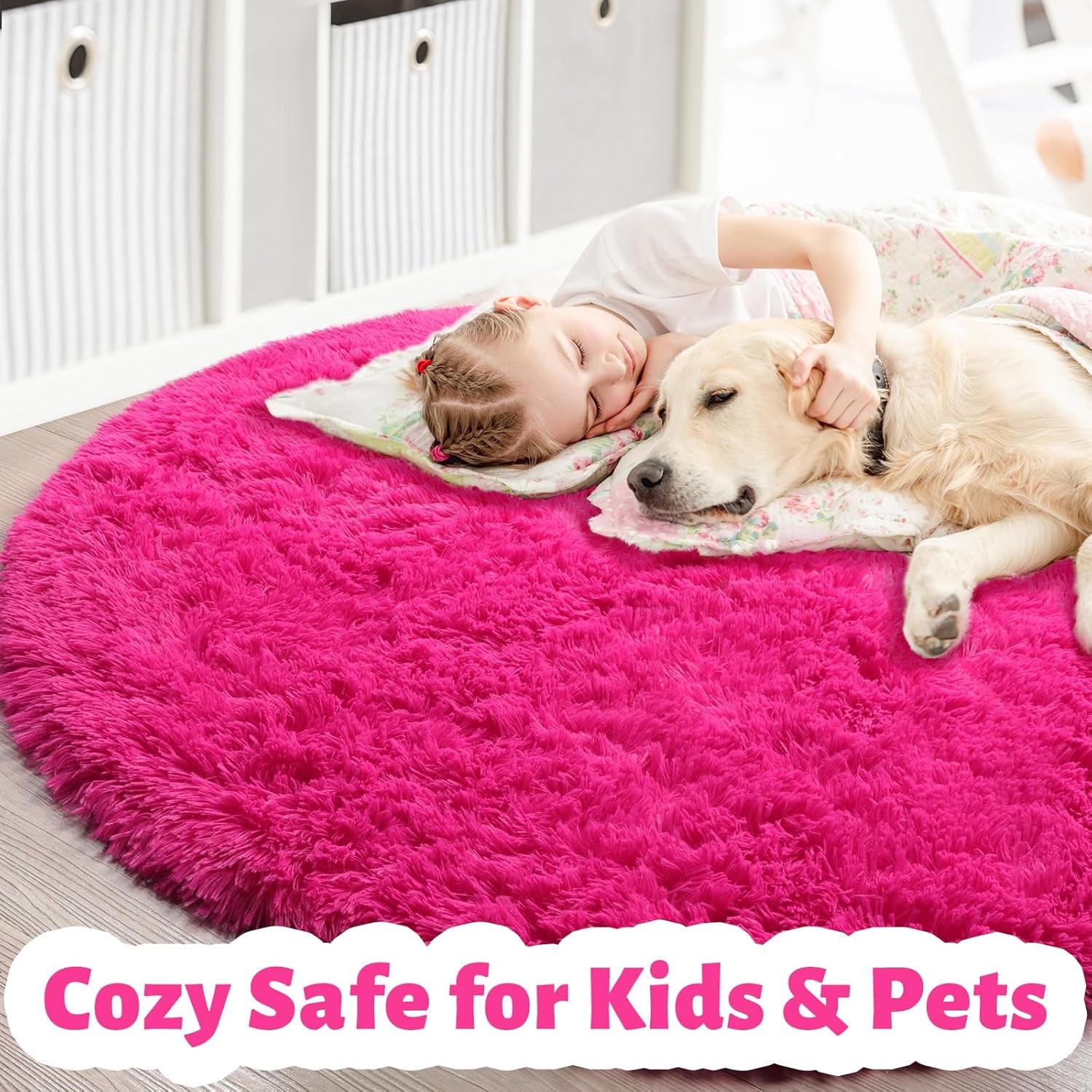 Hot Pink Plush round Circle Rug 5Ft for Girls Bedroom Playroom | Fluffy Shaggy Fuzzy Kids Carpet, Nursery Dorm Classroom Decor, Cutecore Kidcore Aesthetic, Fuschia Magenta Color, Circular
