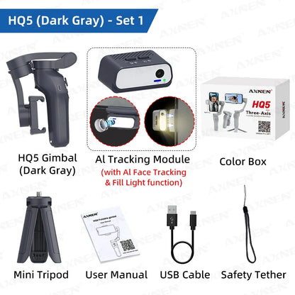 HQ5 AI Gimbal 3-Axis Anti-Shake Handheld Stabilizer Auto Face Tracking Handy Mobile Stand for Iphone Android Phone Vlog