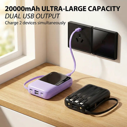 20000Mah Built-In 4 Cables Portable Power Bank LED Digital Display Dual USB Output External Battery Pack with LED Flashlight Lanyard Portable Charger for Iphone Android