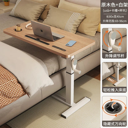Adjustable Bedside Desk Hand Crank Lift Mobile Workstation with Study Table for Sofa/Office Space-Saving Writing Desk for Laptop