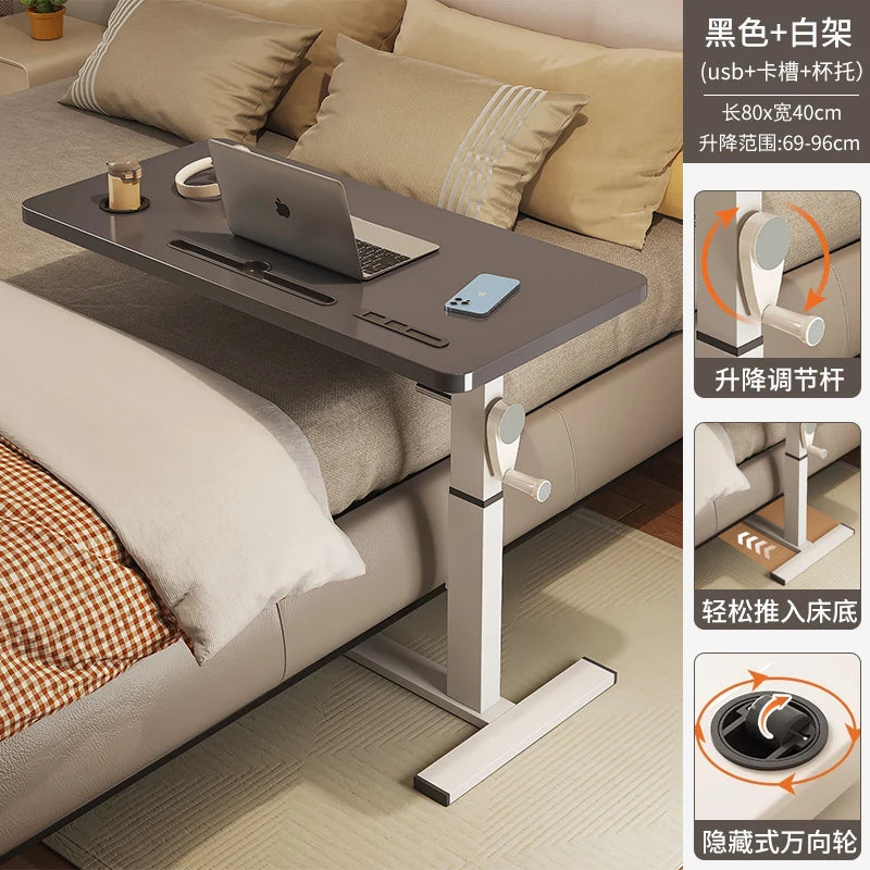 Adjustable Bedside Desk Hand Crank Lift Mobile Workstation with Study Table for Sofa/Office Space-Saving Writing Desk for Laptop