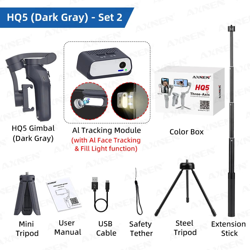 HQ5 AI Gimbal 3-Axis Anti-Shake Handheld Stabilizer Auto Face Tracking Handy Mobile Stand for Iphone Android Phone Vlog