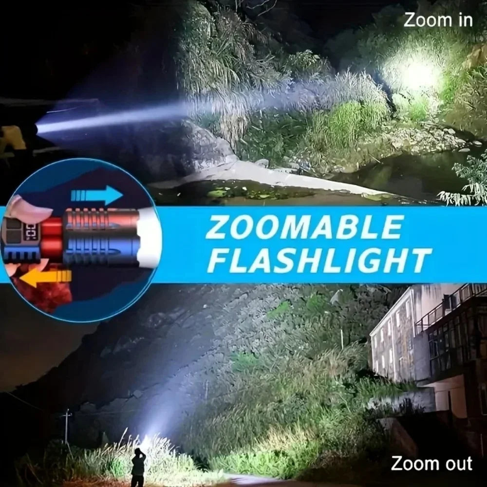 High Power Rechargeable LED Flashlight with Side Light, Torch Light for Outdoor Camping, Hiking Light High Light Flash Light