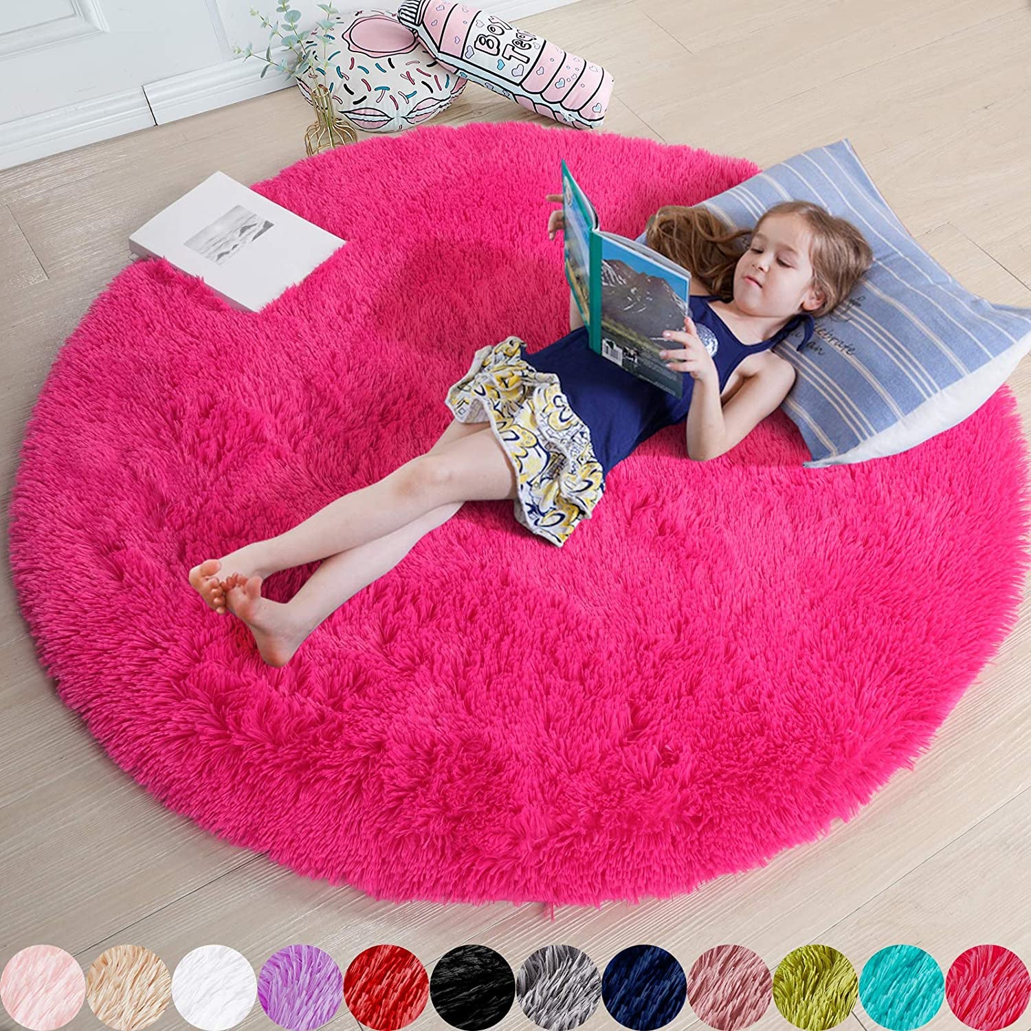 Hot Pink Plush round Circle Rug 5Ft for Girls Bedroom Playroom | Fluffy Shaggy Fuzzy Kids Carpet, Nursery Dorm Classroom Decor, Cutecore Kidcore Aesthetic, Fuschia Magenta Color, Circular